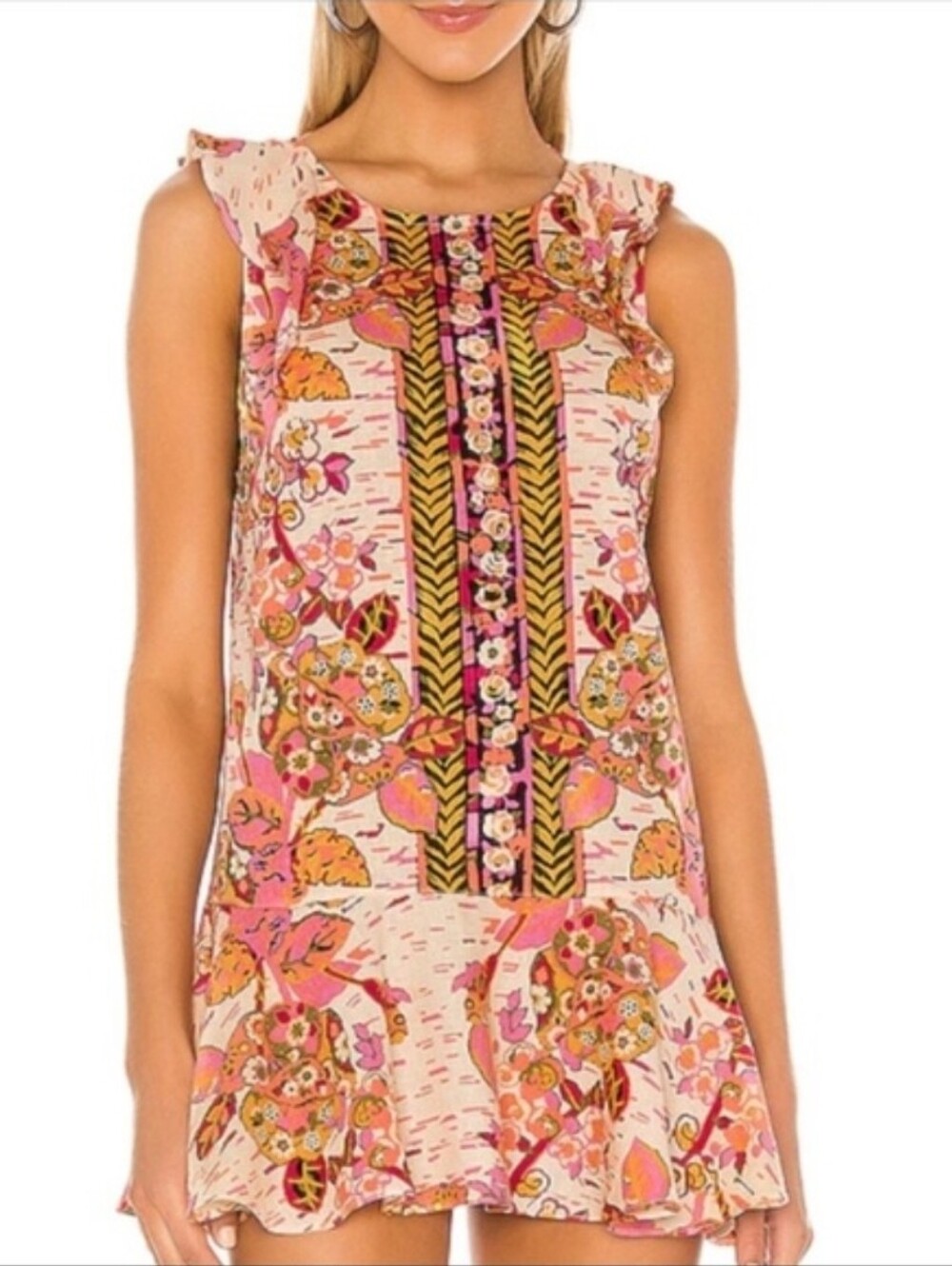 NWT Free People Large Summer Tulem Floral Linen Blend Tunic Top Open Back
